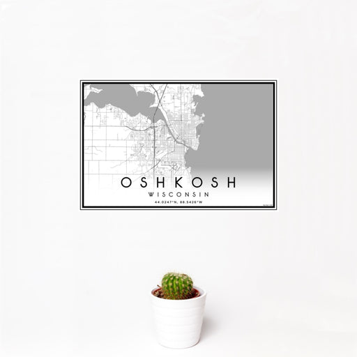 12x18 Oshkosh Wisconsin Map Print Landscape Orientation in Classic Style With Small Cactus Plant in White Planter