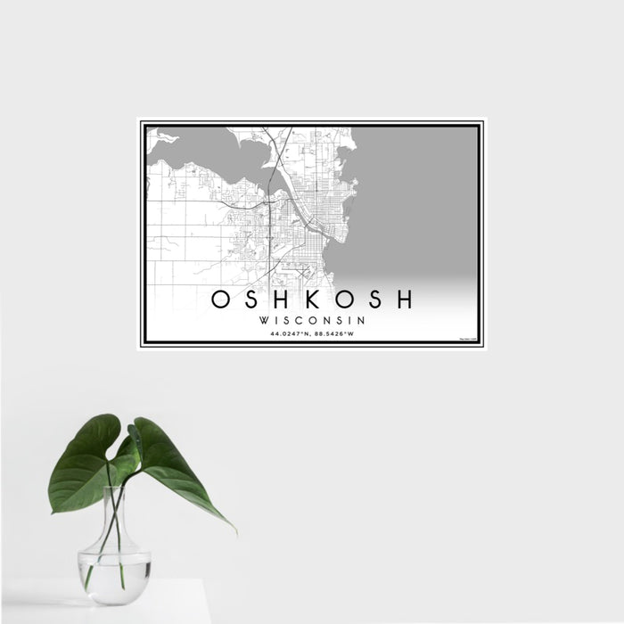 16x24 Oshkosh Wisconsin Map Print Landscape Orientation in Classic Style With Tropical Plant Leaves in Water