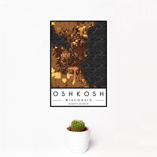 12x18 Oshkosh Wisconsin Map Print Portrait Orientation in Ember Style With Small Cactus Plant in White Planter