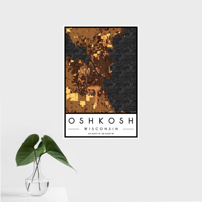 16x24 Oshkosh Wisconsin Map Print Portrait Orientation in Ember Style With Tropical Plant Leaves in Water