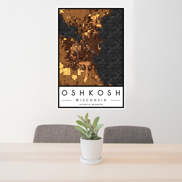 24x36 Oshkosh Wisconsin Map Print Portrait Orientation in Ember Style Behind 2 Chairs Table and Potted Plant