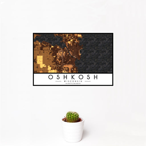 12x18 Oshkosh Wisconsin Map Print Landscape Orientation in Ember Style With Small Cactus Plant in White Planter