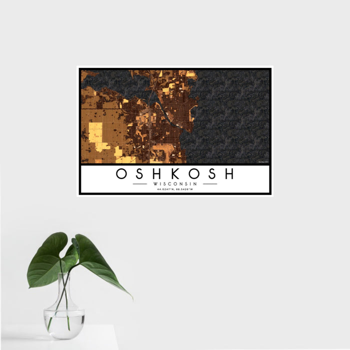 16x24 Oshkosh Wisconsin Map Print Landscape Orientation in Ember Style With Tropical Plant Leaves in Water