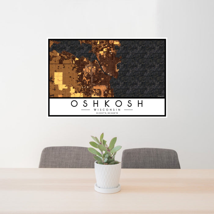 24x36 Oshkosh Wisconsin Map Print Landscape Orientation in Ember Style Behind 2 Chairs Table and Potted Plant