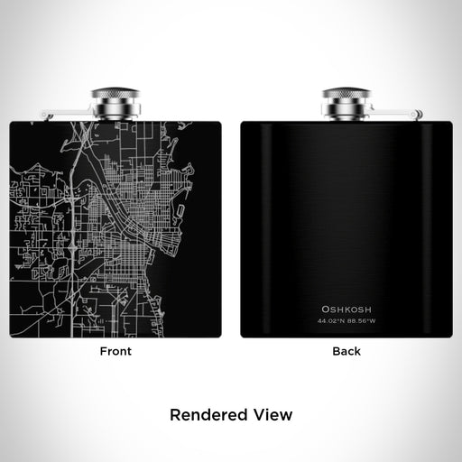 Rendered View of Oshkosh Wisconsin Map Engraving on 6oz Stainless Steel Flask in Black