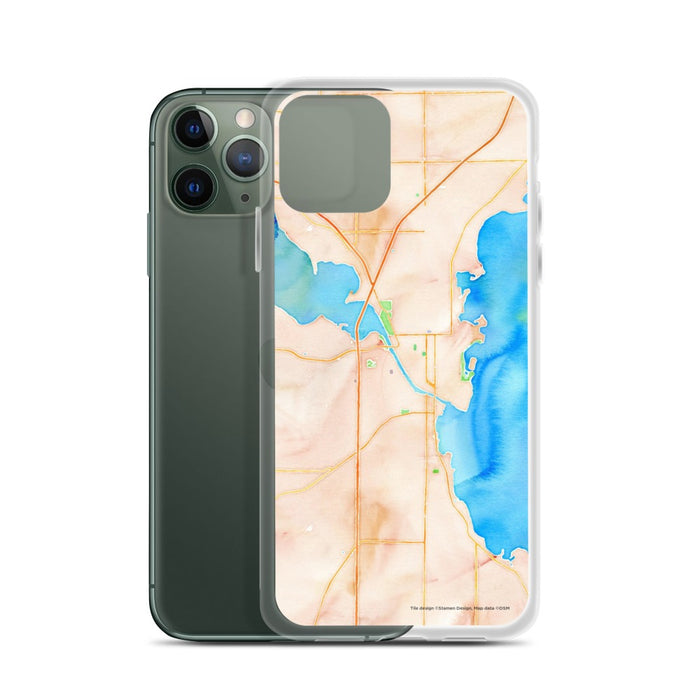 Custom Oshkosh Wisconsin Map Phone Case in Watercolor on Table with Laptop and Plant