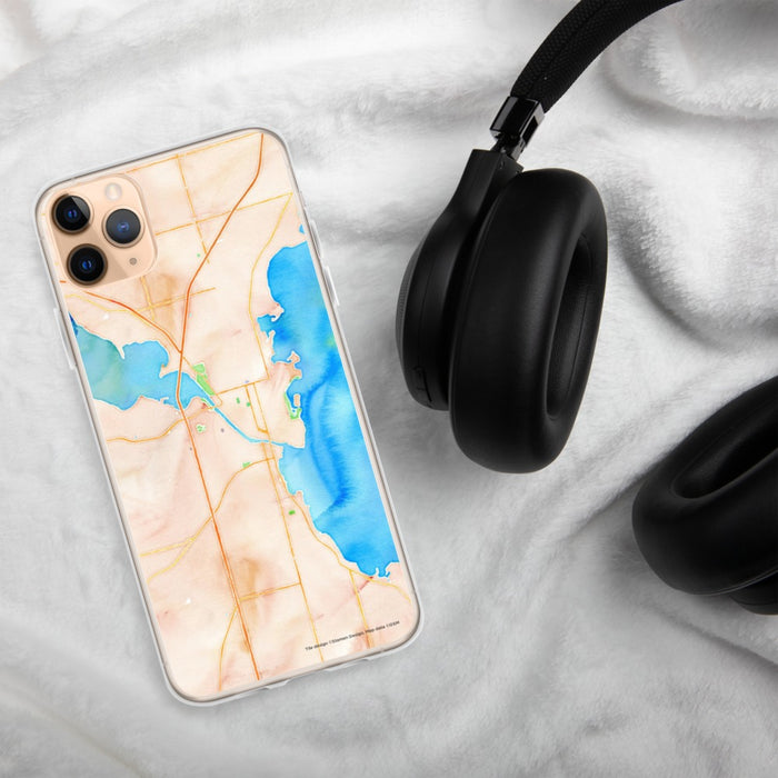 Custom Oshkosh Wisconsin Map Phone Case in Watercolor on Table with Black Headphones