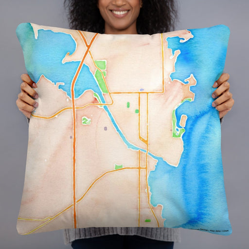 Person holding 22x22 Custom Oshkosh Wisconsin Map Throw Pillow in Watercolor