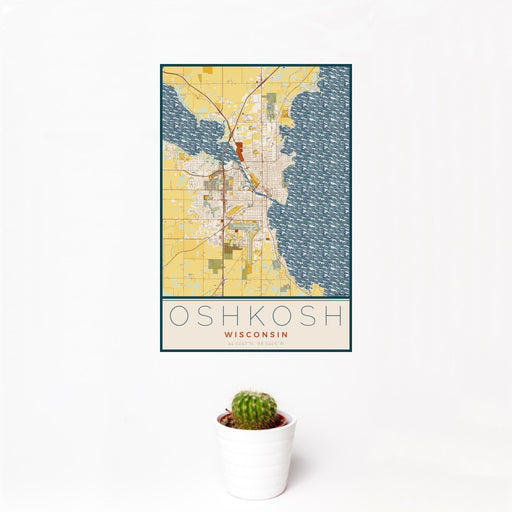 12x18 Oshkosh Wisconsin Map Print Portrait Orientation in Woodblock Style With Small Cactus Plant in White Planter