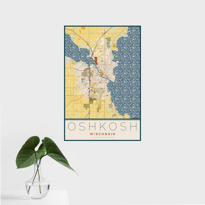 16x24 Oshkosh Wisconsin Map Print Portrait Orientation in Woodblock Style With Tropical Plant Leaves in Water