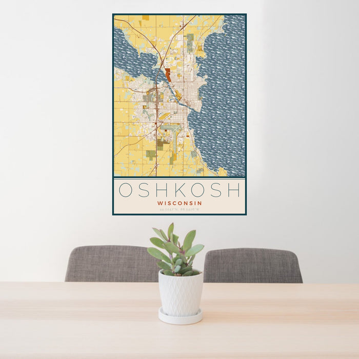 24x36 Oshkosh Wisconsin Map Print Portrait Orientation in Woodblock Style Behind 2 Chairs Table and Potted Plant