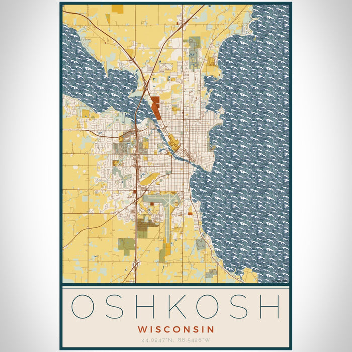 Oshkosh Wisconsin Map Print Portrait Orientation in Woodblock Style With Shaded Background