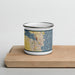 Front View Custom Oshkosh Wisconsin Map Enamel Mug in Woodblock on Cutting Board