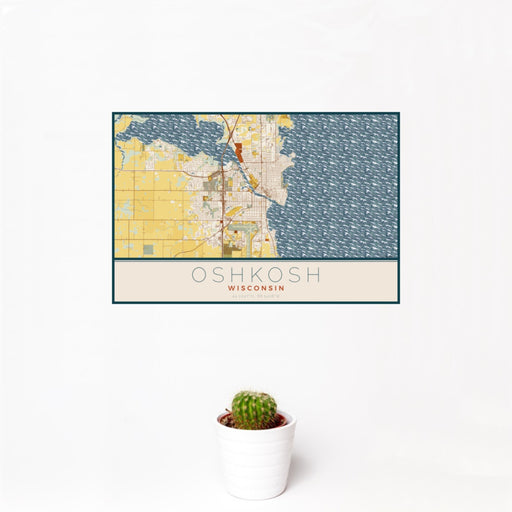 12x18 Oshkosh Wisconsin Map Print Landscape Orientation in Woodblock Style With Small Cactus Plant in White Planter