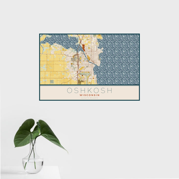 16x24 Oshkosh Wisconsin Map Print Landscape Orientation in Woodblock Style With Tropical Plant Leaves in Water