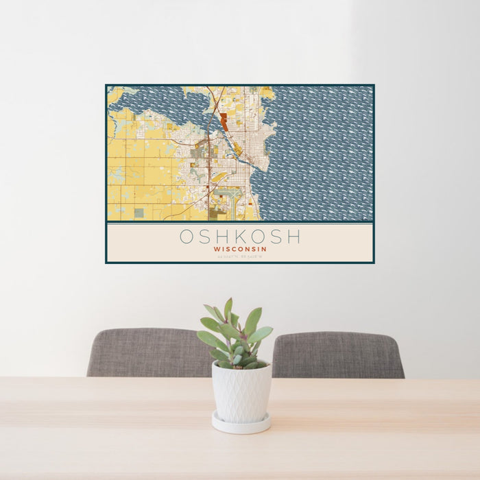 24x36 Oshkosh Wisconsin Map Print Landscape Orientation in Woodblock Style Behind 2 Chairs Table and Potted Plant