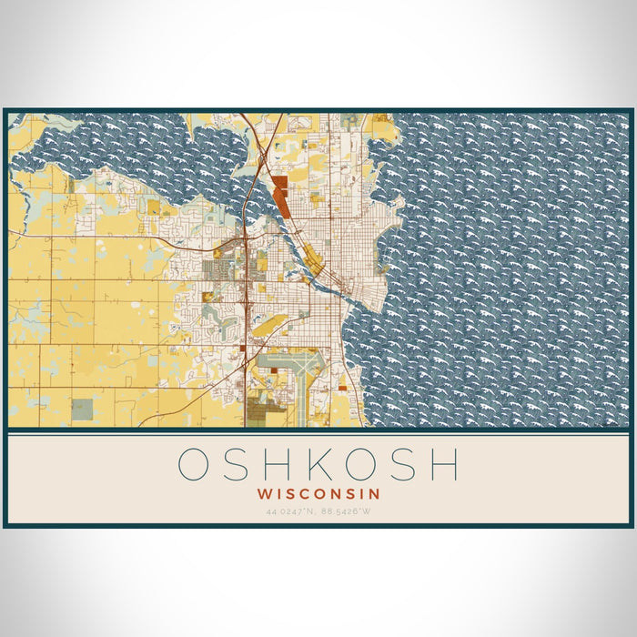 Oshkosh Wisconsin Map Print Landscape Orientation in Woodblock Style With Shaded Background