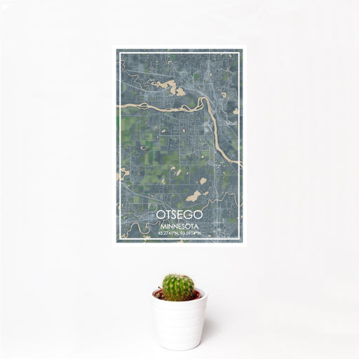 12x18 Otsego Minnesota Map Print Portrait Orientation in Afternoon Style With Small Cactus Plant in White Planter