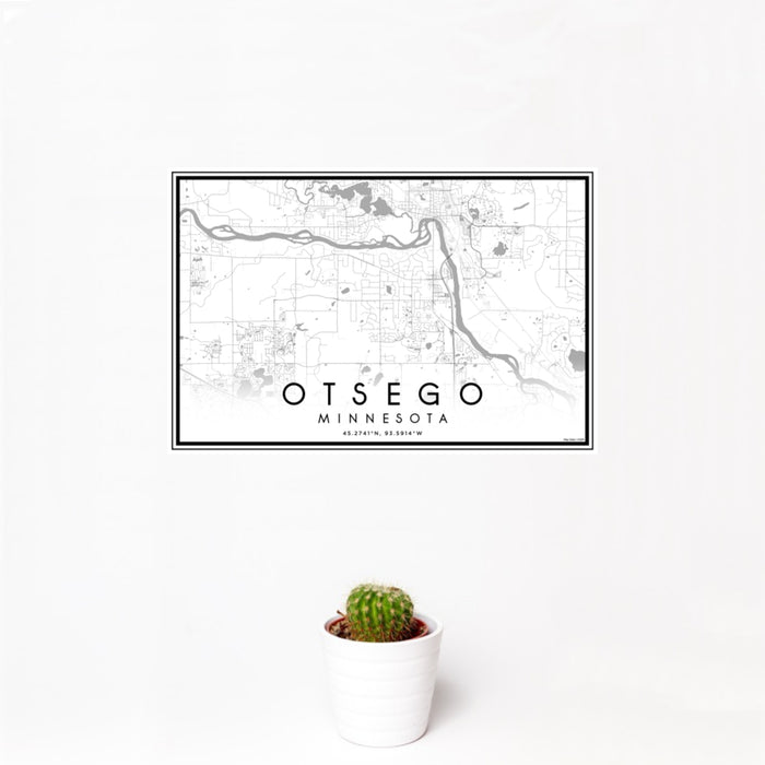 12x18 Otsego Minnesota Map Print Landscape Orientation in Classic Style With Small Cactus Plant in White Planter