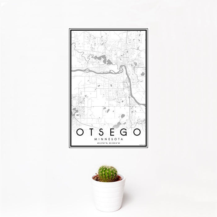 12x18 Otsego Minnesota Map Print Portrait Orientation in Classic Style With Small Cactus Plant in White Planter