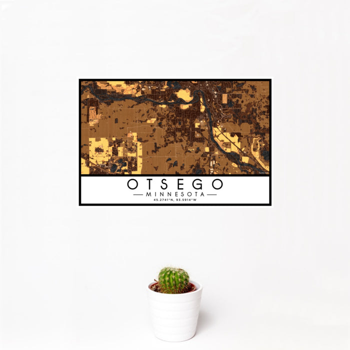 12x18 Otsego Minnesota Map Print Landscape Orientation in Ember Style With Small Cactus Plant in White Planter