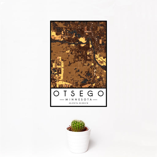 12x18 Otsego Minnesota Map Print Portrait Orientation in Ember Style With Small Cactus Plant in White Planter