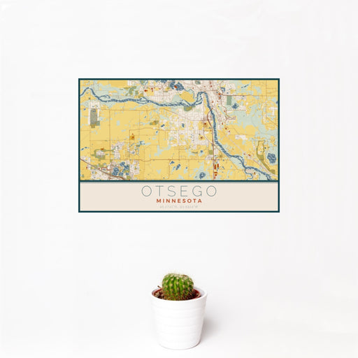 12x18 Otsego Minnesota Map Print Landscape Orientation in Woodblock Style With Small Cactus Plant in White Planter