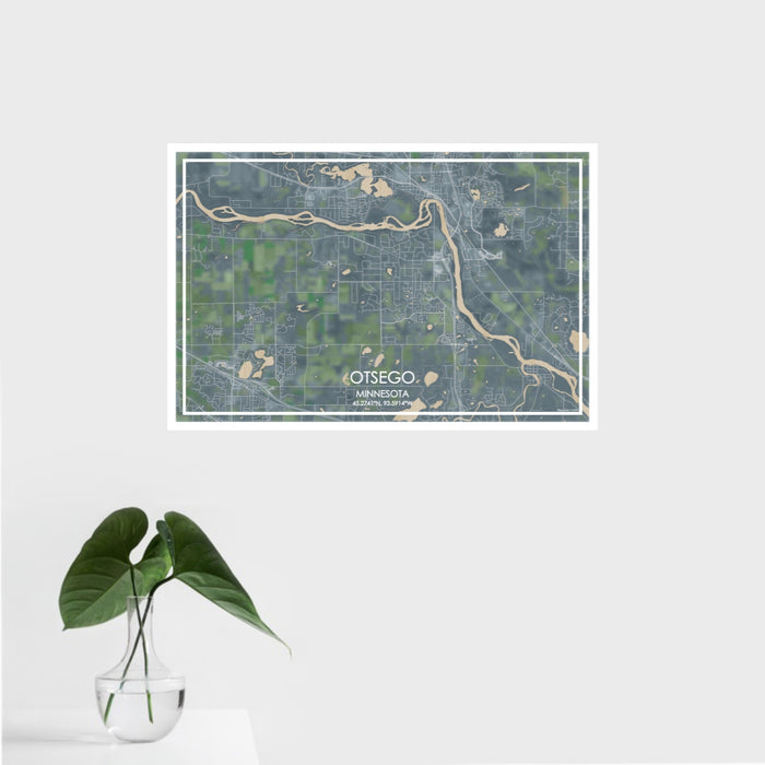 16x24 Otsego Minnesota Map Print Landscape Orientation in Afternoon Style With Tropical Plant Leaves in Water