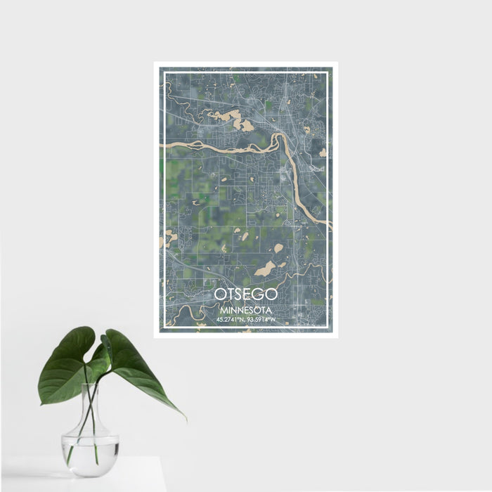 16x24 Otsego Minnesota Map Print Portrait Orientation in Afternoon Style With Tropical Plant Leaves in Water