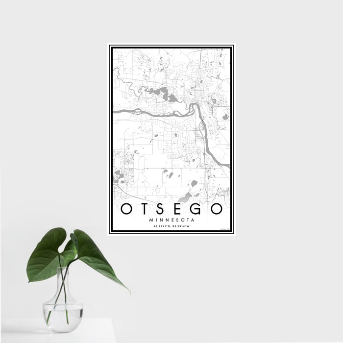 16x24 Otsego Minnesota Map Print Portrait Orientation in Classic Style With Tropical Plant Leaves in Water