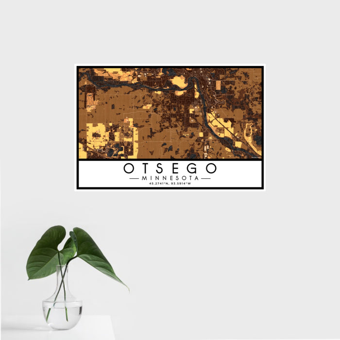 16x24 Otsego Minnesota Map Print Landscape Orientation in Ember Style With Tropical Plant Leaves in Water
