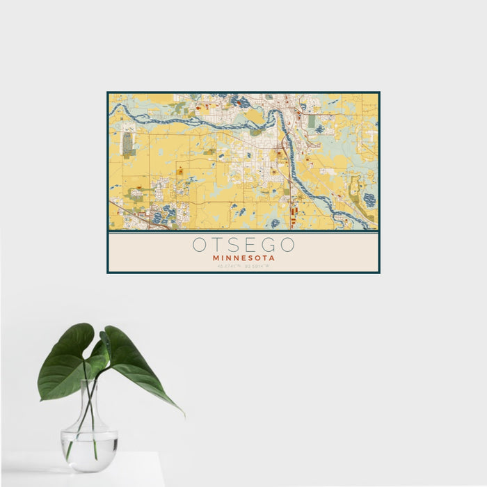 16x24 Otsego Minnesota Map Print Landscape Orientation in Woodblock Style With Tropical Plant Leaves in Water