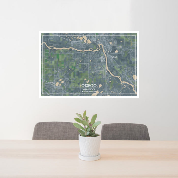 24x36 Otsego Minnesota Map Print Lanscape Orientation in Afternoon Style Behind 2 Chairs Table and Potted Plant