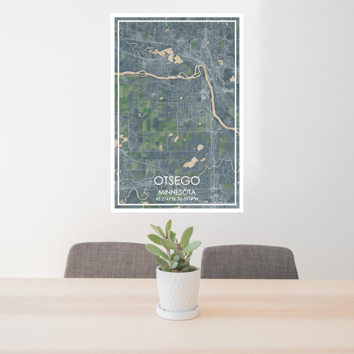 24x36 Otsego Minnesota Map Print Portrait Orientation in Afternoon Style Behind 2 Chairs Table and Potted Plant