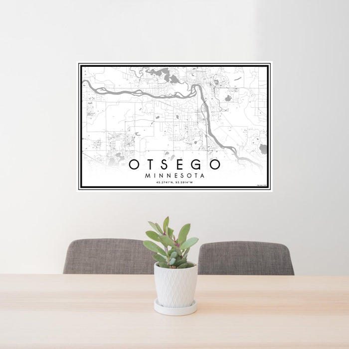 24x36 Otsego Minnesota Map Print Lanscape Orientation in Classic Style Behind 2 Chairs Table and Potted Plant