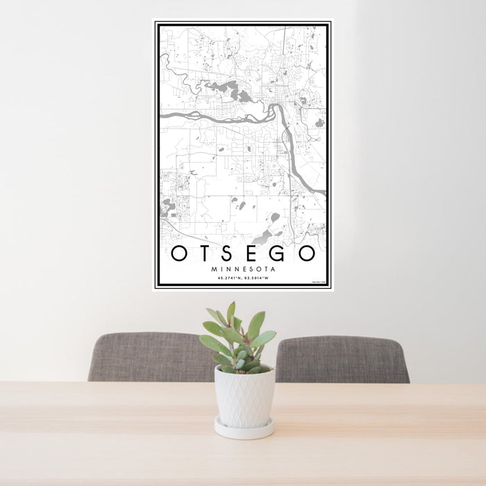 24x36 Otsego Minnesota Map Print Portrait Orientation in Classic Style Behind 2 Chairs Table and Potted Plant
