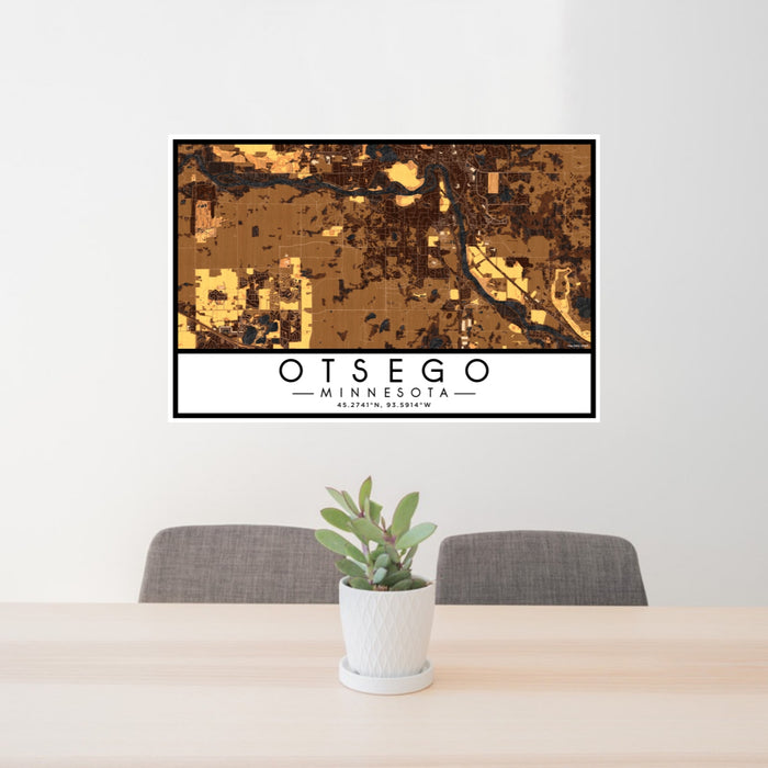24x36 Otsego Minnesota Map Print Lanscape Orientation in Ember Style Behind 2 Chairs Table and Potted Plant