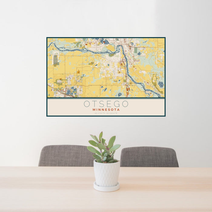 24x36 Otsego Minnesota Map Print Lanscape Orientation in Woodblock Style Behind 2 Chairs Table and Potted Plant