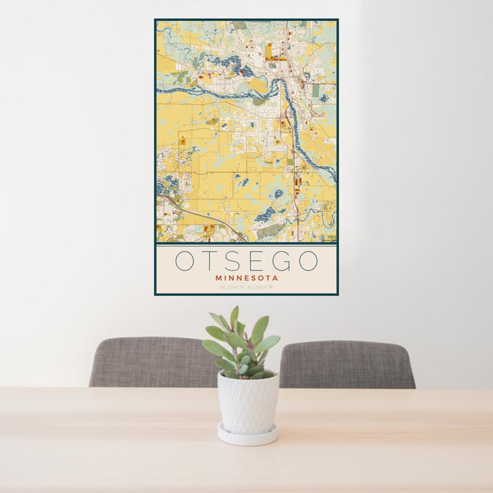 24x36 Otsego Minnesota Map Print Portrait Orientation in Woodblock Style Behind 2 Chairs Table and Potted Plant
