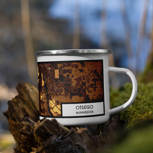 Right View Custom Otsego Minnesota Map Enamel Mug in Ember on Grass With Trees in Background