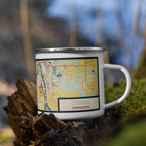 Right View Custom Otsego Minnesota Map Enamel Mug in Woodblock on Grass With Trees in Background