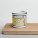 Front View Custom Otsego Minnesota Map Enamel Mug in Woodblock on Cutting Board