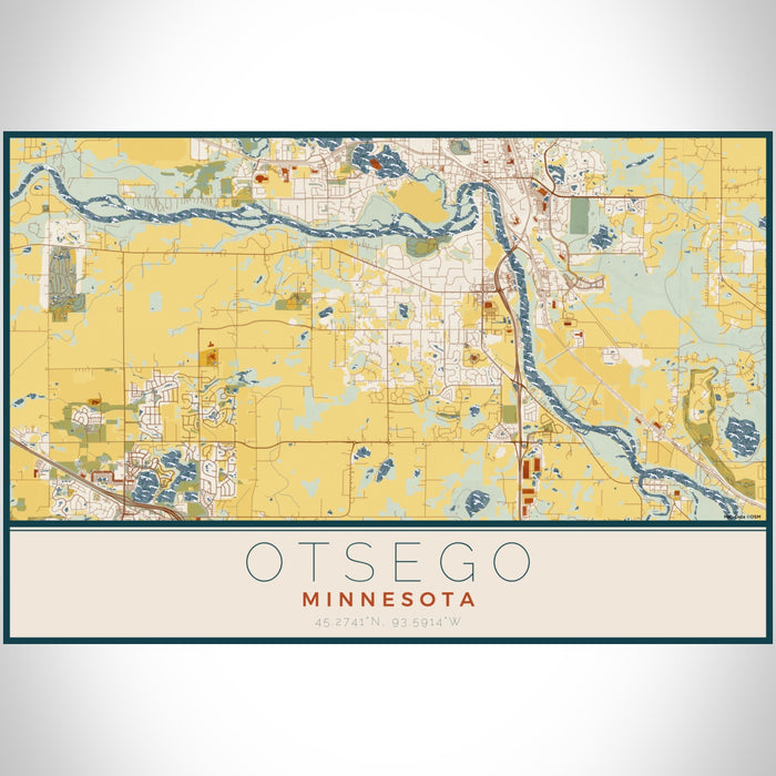 Otsego Minnesota Map Print Landscape Orientation in Woodblock Style With Shaded Background