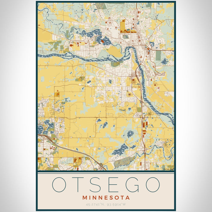 Otsego Minnesota Map Print Portrait Orientation in Woodblock Style With Shaded Background