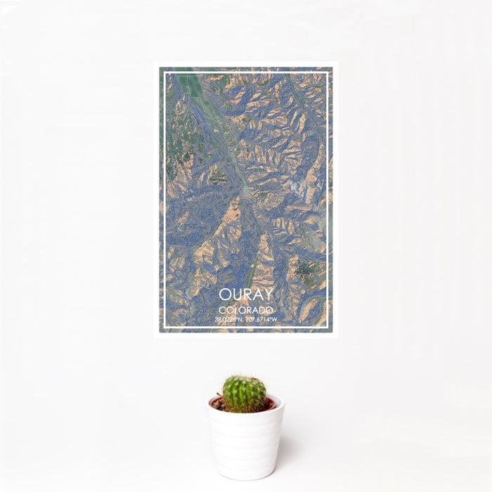 12x18 Ouray Colorado Map Print Portrait Orientation in Afternoon Style With Small Cactus Plant in White Planter