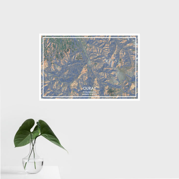 16x24 Ouray Colorado Map Print Landscape Orientation in Afternoon Style With Tropical Plant Leaves in Water