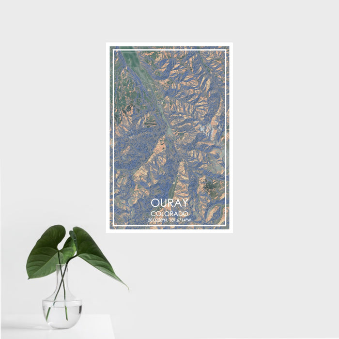 16x24 Ouray Colorado Map Print Portrait Orientation in Afternoon Style With Tropical Plant Leaves in Water