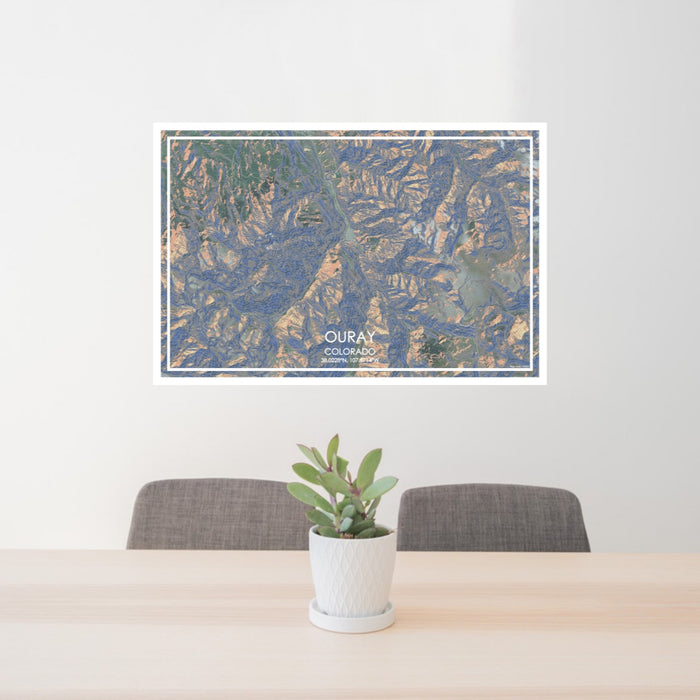 24x36 Ouray Colorado Map Print Lanscape Orientation in Afternoon Style Behind 2 Chairs Table and Potted Plant