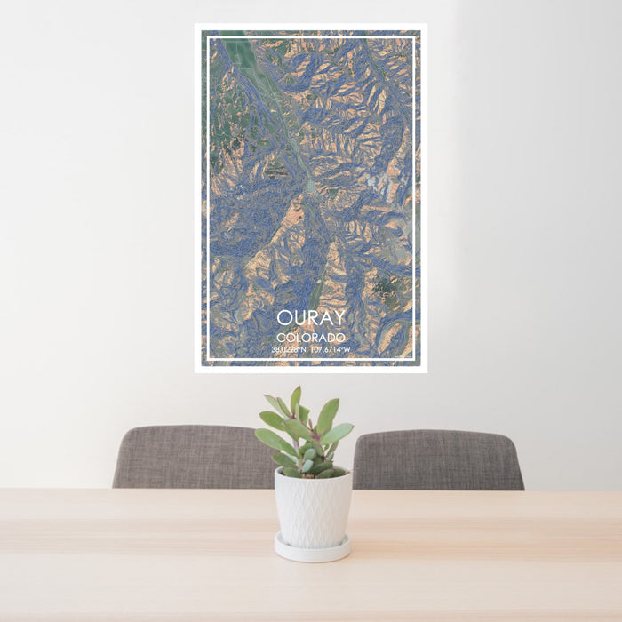 24x36 Ouray Colorado Map Print Portrait Orientation in Afternoon Style Behind 2 Chairs Table and Potted Plant