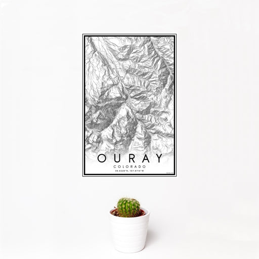 12x18 Ouray Colorado Map Print Portrait Orientation in Classic Style With Small Cactus Plant in White Planter